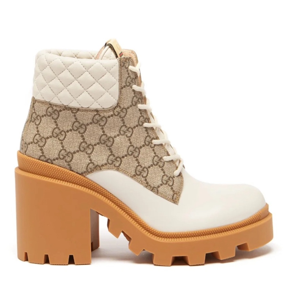 Gucci GG supreme canvas leather apollo block heel lug sole lace up ankle boots